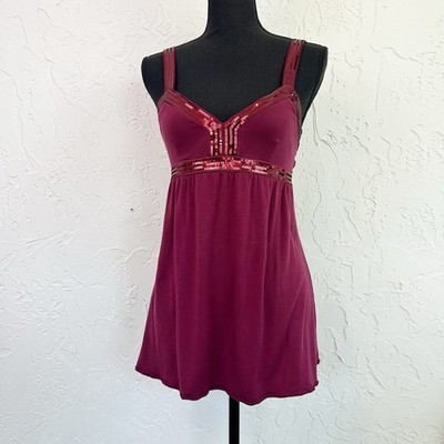 Vintage Y2K Express Burgundy Sequin Detail Babydoll Tank Top Size Medium