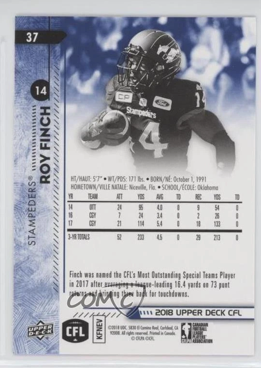 2018 Upper Deck CFL Blue Roy Finch #37 - Image 2 of 2