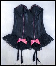 SHINY Vintage SATIN Bra BUSTIER Top Pink Bows Garter Belt Corset LACE xs/s 32-34