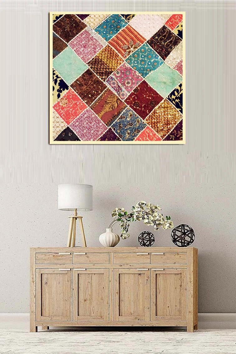 Tenture Murale Ethnique Patchwork 100x100 Cm - Décoration Murale Bohème, Brodée, Perles, Sequins - Coton