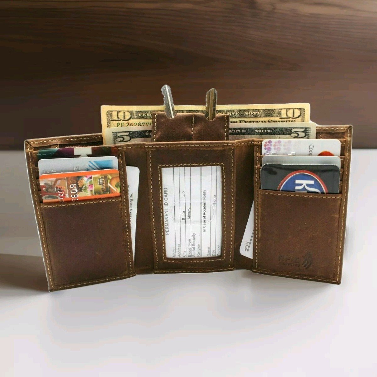 L-Fold Trifold Crazy Horse Leather Wallet – RFID Blocking, Brown Compact Wallet For Cards & Cash 7 thumbnail image
