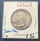 1937 -S Washington Silver Quarter Looks F+.  Fine+ Condition