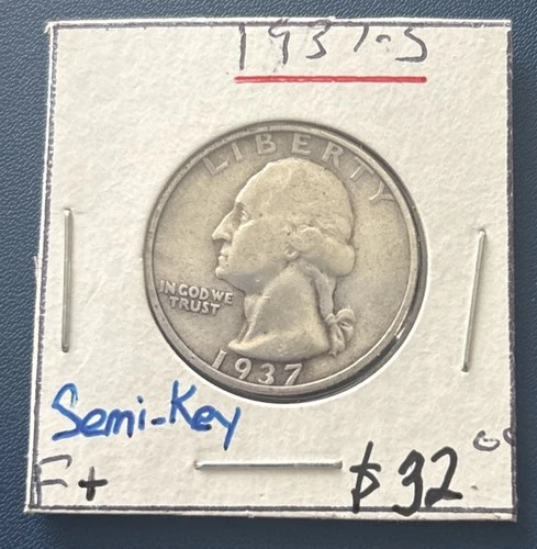 1937 -S Washington Silver Quarter Looks F+.  Fine+ Condition