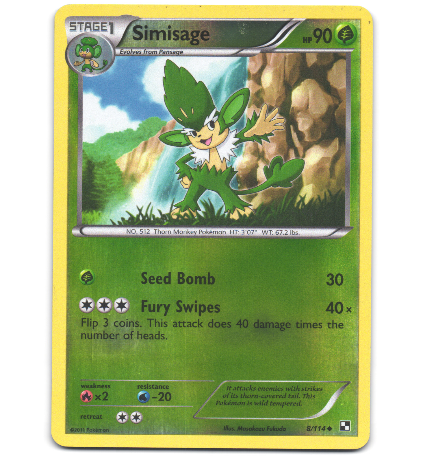 Pokemon 2011 Light Play Simisage Black & White REVERSE 8/114 Card