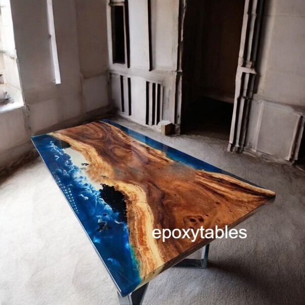 Blue Ocean Wave Epoxy Resin Dining Top Table Handmade Wooden Live Edge Decors