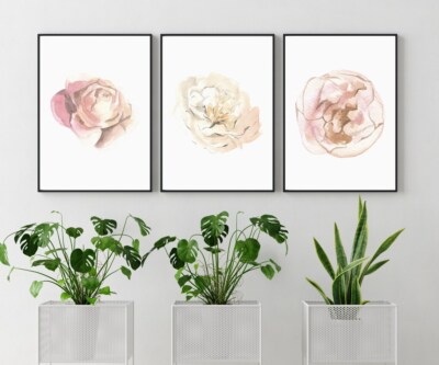 Set of 3 Blush Flowers Wall Art Pink Rose Poster, Watercolor Floral ...