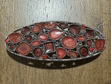 Vintage 3  Barrette Silver Tone Metal Red Stones Intricate Design EUC