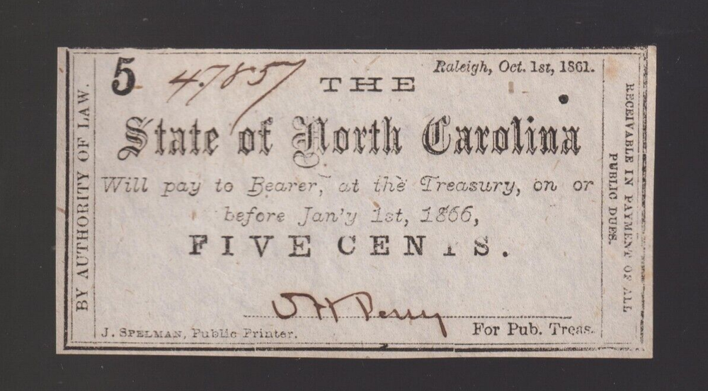 1861 NC Confederate Civil War 5 Cents Obsolete Currency Note