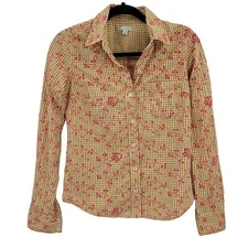 Odille Top Button Up Cottagecore Gingham Eyelet Floral Embroidered Mustard Sz 0