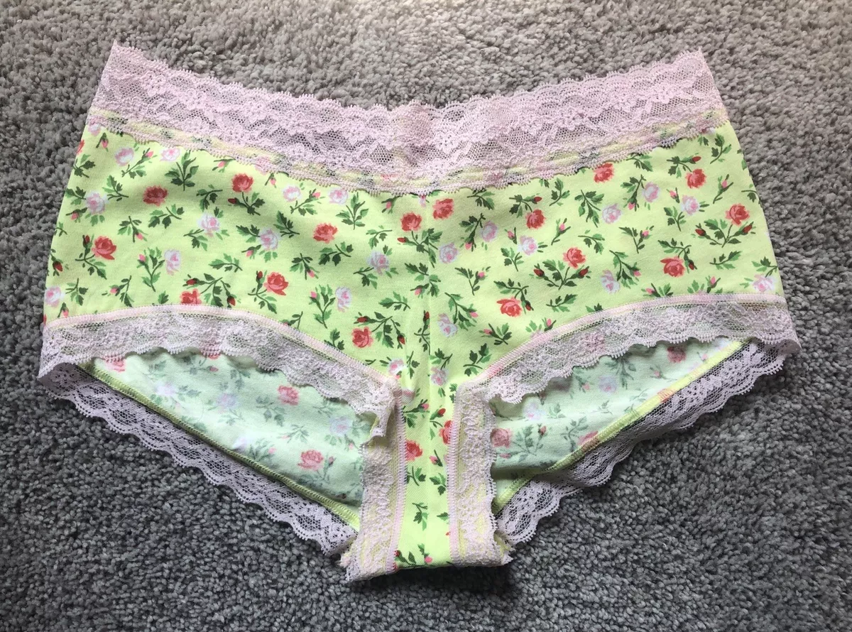 Victoria Secret Cotton Boy Shorts Culotte yellow Roses pink lace RARE XS