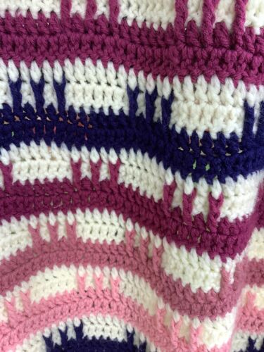 Lovely Harlequin Stitch Stripe Afghan, Creme, Navy, Wine, Rose, & Pink 66” X 70” - Picture 1 of 2