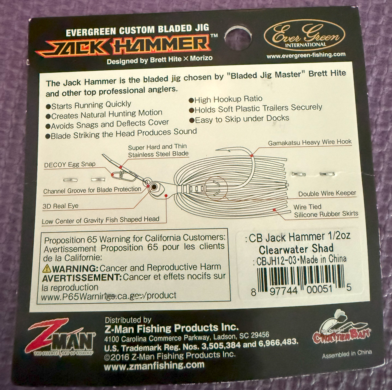 Z-man Evergreen Jack Hammer Chatterbait 1/2 oz Clearwater Shad - Image 2