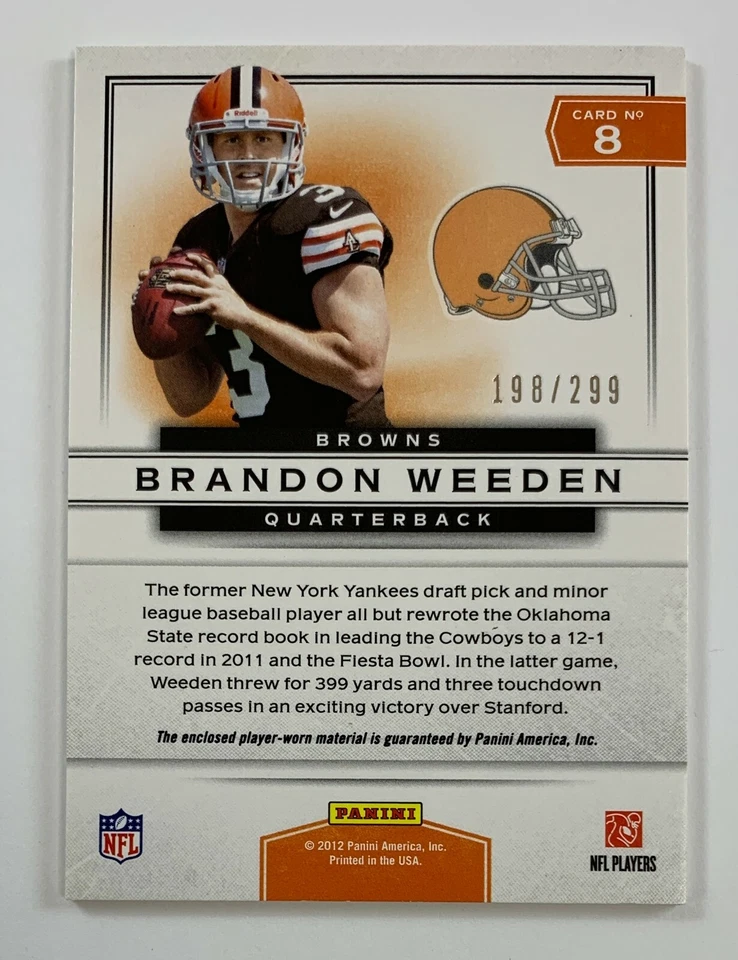 2012 Panini Prestige Brandon Weeden Prestigious Picks Relic 198/299 FRA30 - Image 2 of 2