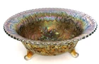 Vintage Iridescent Carnival Glass Footed Bowl Rose Floral Pattern Ruffled Edge