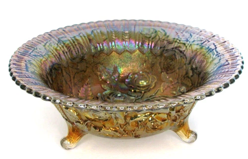 Vintage Iridescent Carnival Glass Footed Bowl Rose Floral Pattern Ruffled Edge