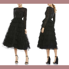 NEW $498 IEENA Mac Duggal [ 2 ] Long Sleeve Ruffle Tiered Midi Dress Black G1454