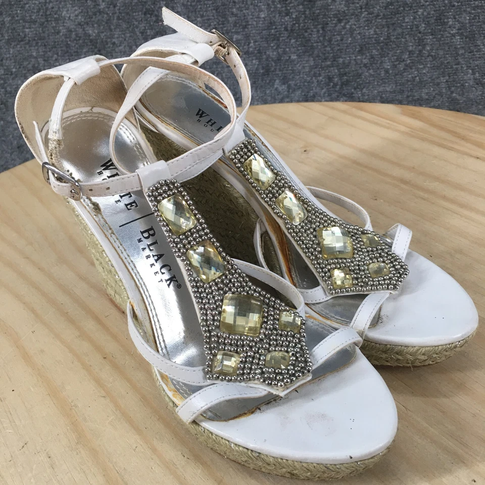 White House Black Market Tacones Mujer 6 M Tobillo Tirantes Alpargata Cuña Blanco Foto 3 de 4