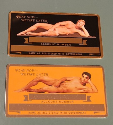 2 Vintage Perma-Plate Male NUDES Social Security ID Cards Aluminum NOS 1970'S 