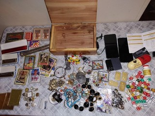 Junk Drawer Lot Jewelry Vintage Watch Box Dice Cards Cell Phone Mossanite Diamo