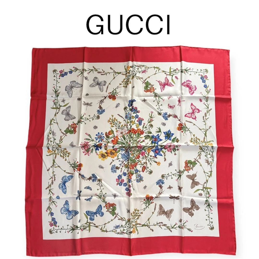 Auth Ancienne grande écharpe GUCCI papillon floral 100% soie rouge multicolore du Japon