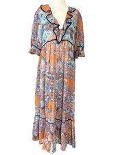 Free People Maxi Dress Womens Small Orange Motif Boho Sheer Ruffle OB1431642