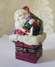 Trinket Box Porcelain Hinged Christmas Ornament Santa Going Down Chimmeny