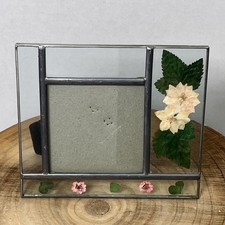Vintage Metal and Glass With Pressed Dried Pink White Flowers Picture Frame 4x4  