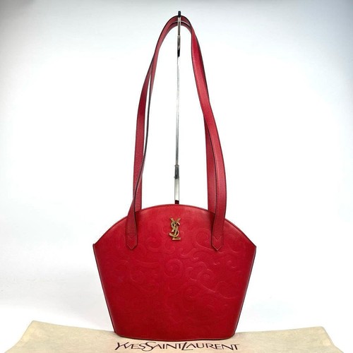 YVES SAINT LAURENT Vintage Red Leather Shoulder Bag Arabesque Lining Gold