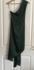 PRETTYLITTLETHING Size 10 Bottle Green Satin Dress. Assymetric Neck  HUGE Belt