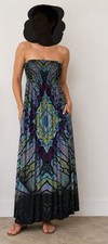Gorgeous Patterned Shirred Bodice Strapless Maxi Dress Size S/10uk