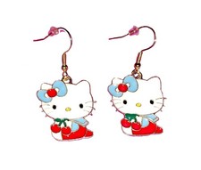 Hello Kitty Cherries Blue Ribbon Sailor Girl Gold Plated Dangle Drop Earrings