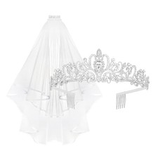 Crown and Bride Veil Set, Rhinestone Wedding Tiara, Bridal Shower and Silver