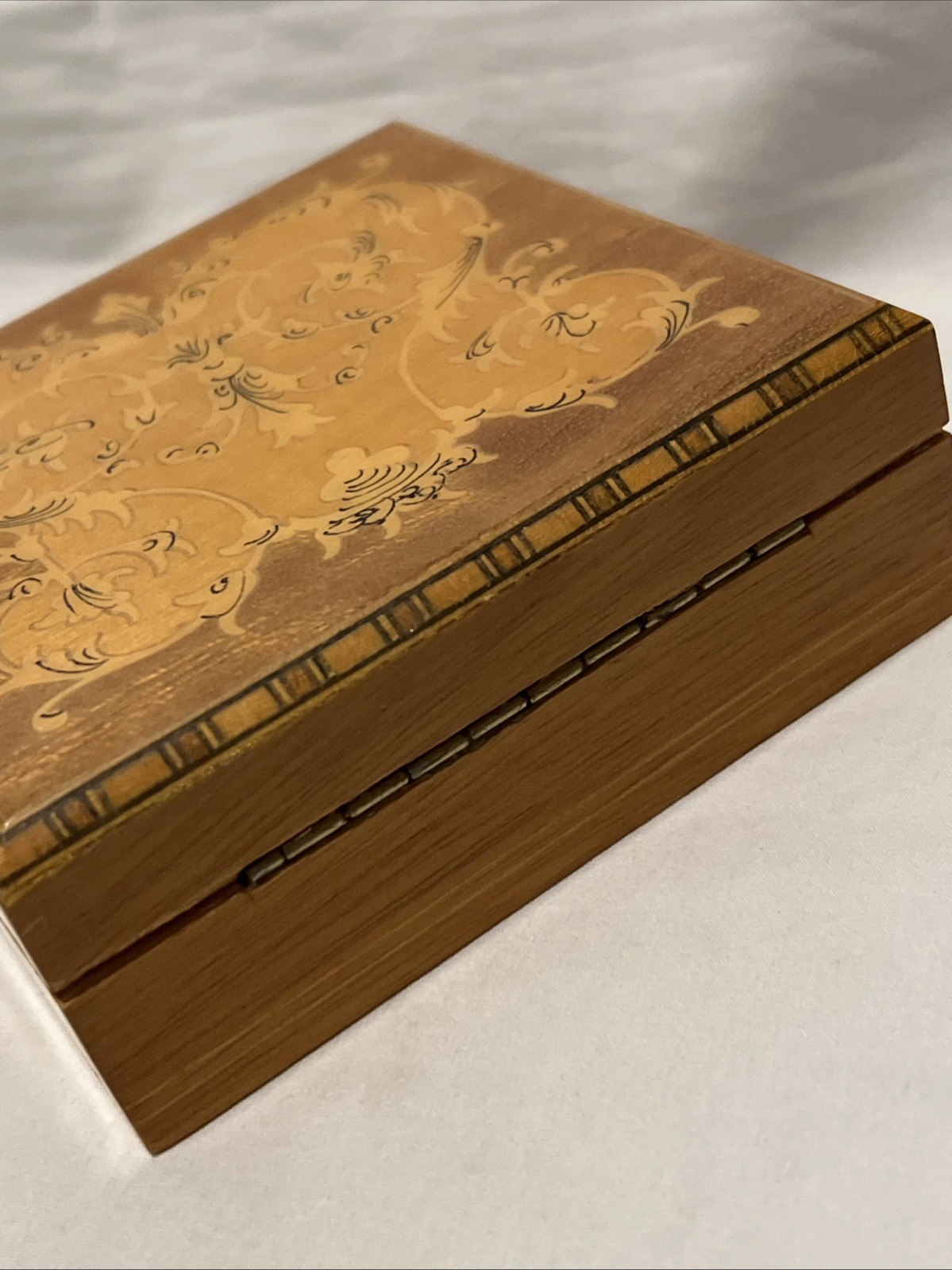 Italian Square Marquetry Inlaid Painted Wood Jewelry Trinket Box 4 3/8"