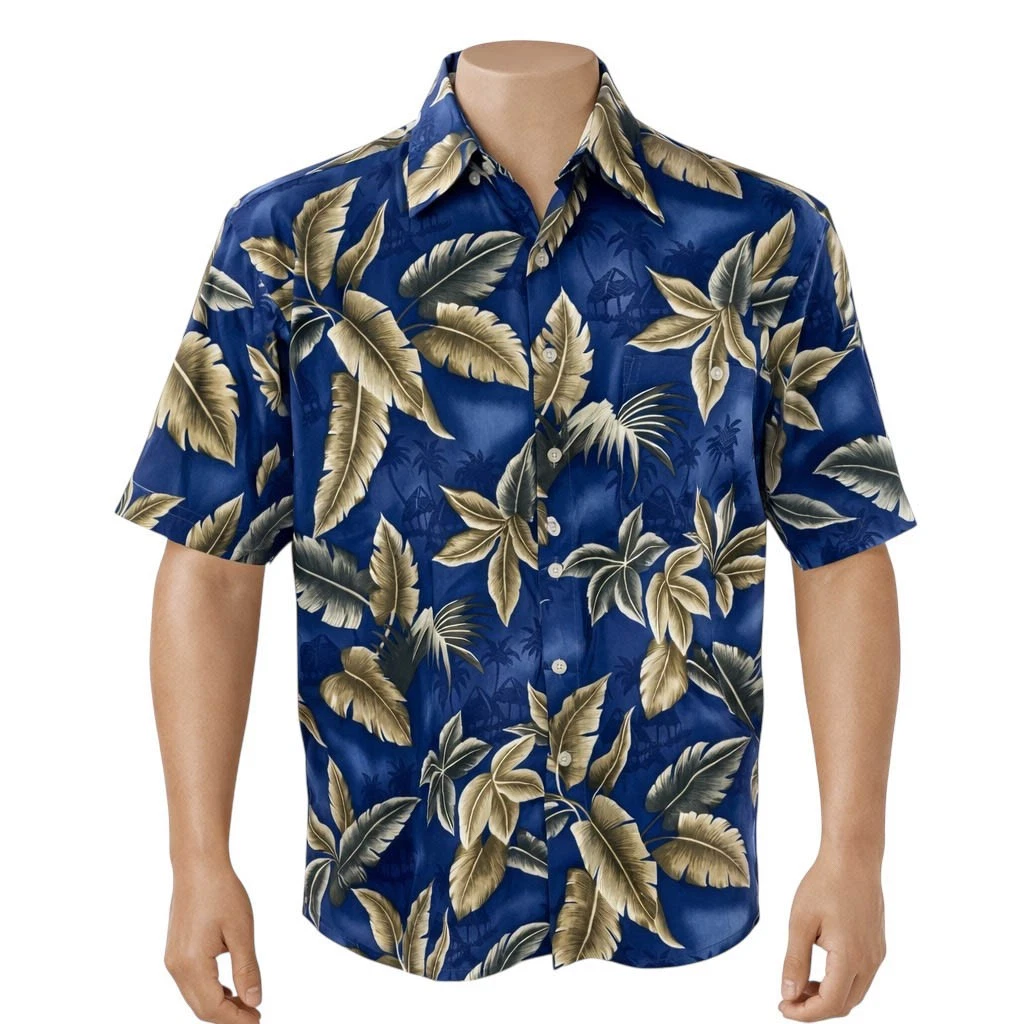 Campia Moda Hawaiian Aloha Shirt Large Tropical Leaves Floral Palm Trees Blue
