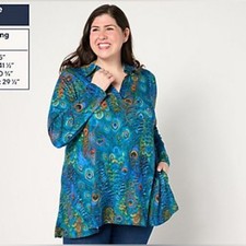 Attitudes by Renee Regular Yummy Jersey Top Peacock Print Size L Petite