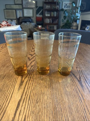 Libbey Honey Amber Ripple Wave Drinking Glasses Set Of 3