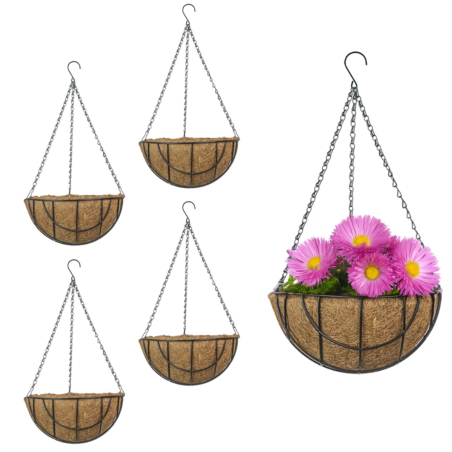 Hanging Flower Baskets with Coco Liner Steel Garden Planter Chain Hook 4 PACK