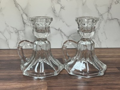 Two Vintage Anchor Hocking Crystal Finger Loop 8 Face Candle Holders 1970s