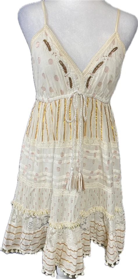 Vestido Boho Madrid Para Mujer Bohemio Borla Borla Correa Espagueti Marfil Forrado Dorado Foto 3 de 4