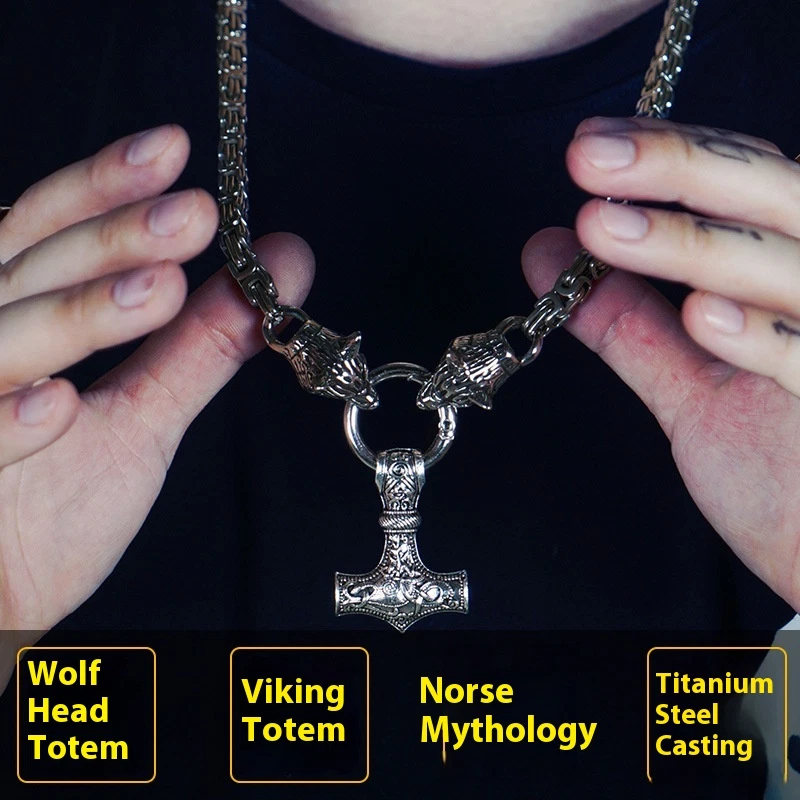Collar Thor Hammer Wolves acero titanio extra pesado vikingo nórdico gótico 171 g Foto 3 de 4