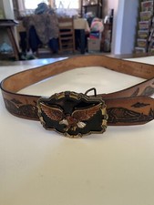 Vintage 1983 Enameled American Eagle Belt Buckle With Leather Tooled Belt