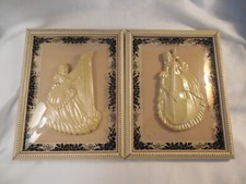 Vntg Colonial woman playing cello  harp convex glass pictures