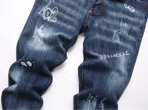 Pantalones de mezclilla elásticos rasgados punk con decoración de letras azul oscuro para hombre - Imagen 5 de 7