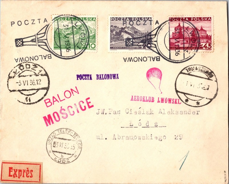1936 Poland Lwow Gordon Bennett Contest Moscice Ballon Flight Cover to Lodz