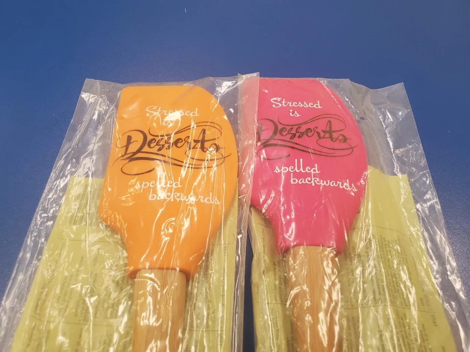 2 Pampered Chef Bamboo Stressed is Desserts Backwards Scrapers Orange Pink NIP - Image 2 of 4