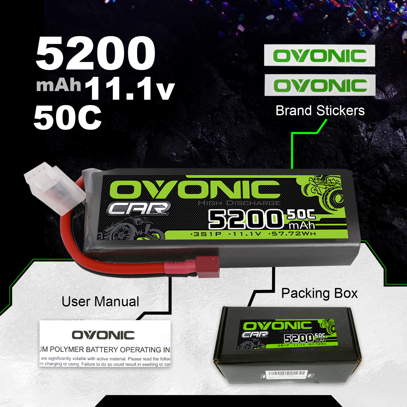 2X Ovonic 11.1V Lipo Battery 3S 50C 5200mAh with Deans & XT60 plug for RC Plane
