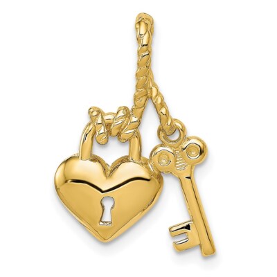 14k Gelbgold poliert Schlüssel gebunden an Herz Schloss Charm Anhänger für Frauen