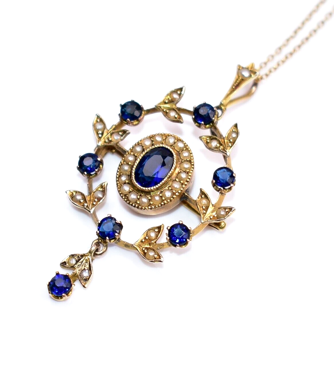 SPECTACULAR!! Antique EDWARDIAN 9ct Gold **SAPPHIRES &amp; PEARLS** Pendant Necklace