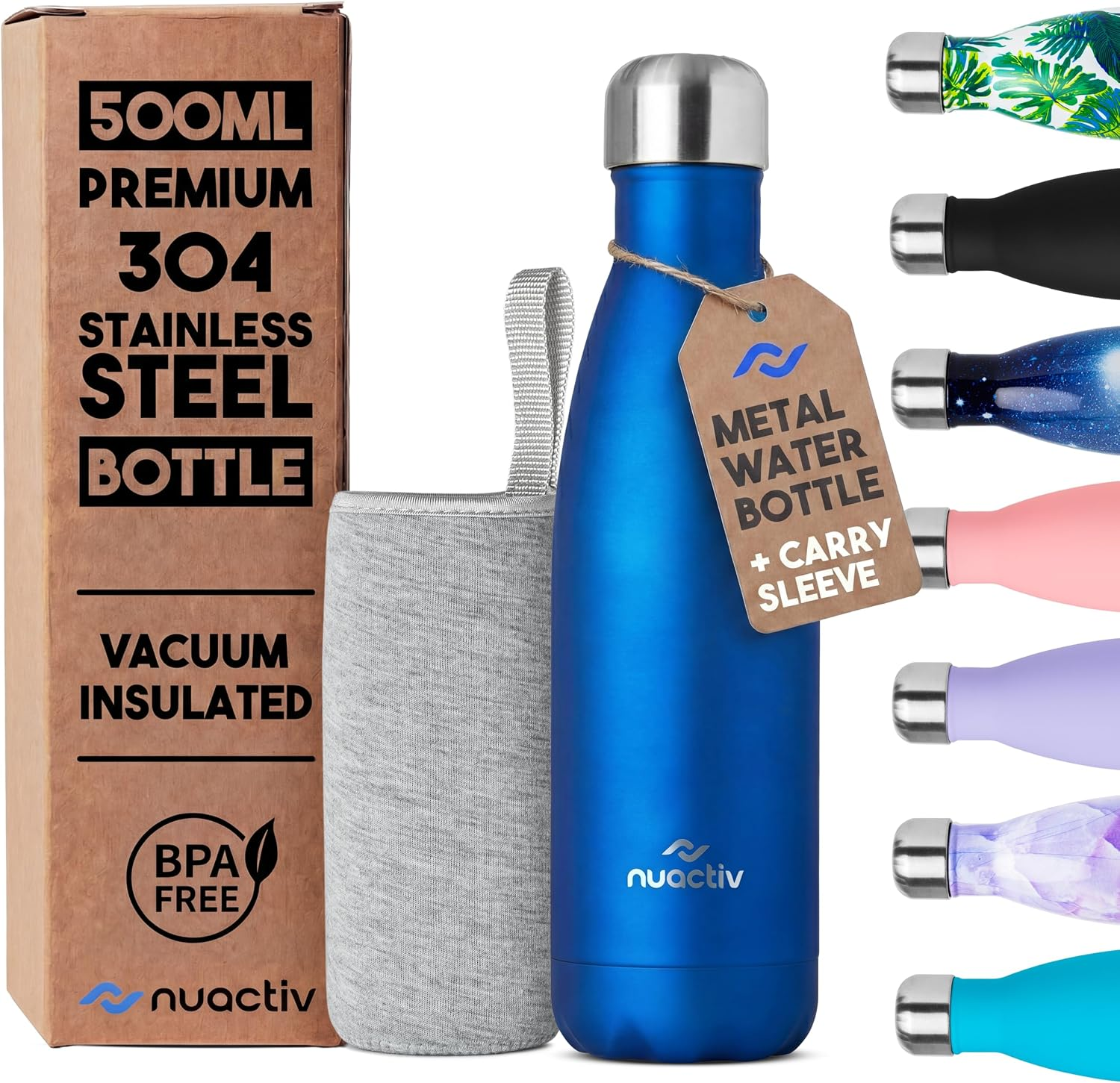 Stainless Steel Water Bottle 500Ml, Vacuum Insulated Metal Flask, Leakproof, BPA