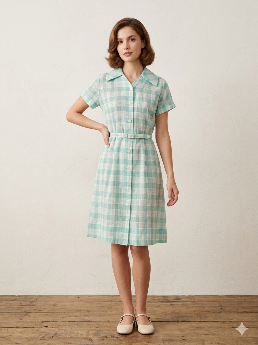 Vtg 50s Green Sheer Plaid Spring Summer House Day Dress Button Front w/Belt